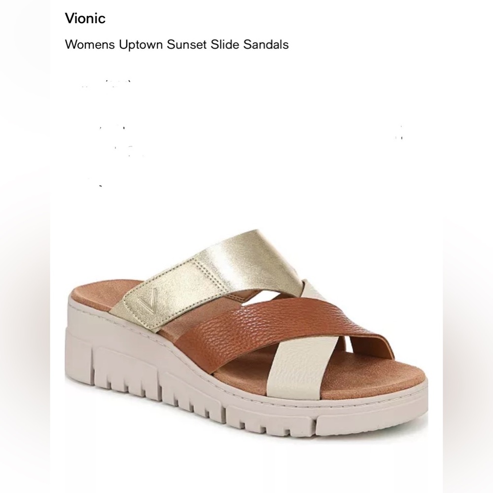 Vionic Uptown Sunset Slide Sandals — Metallic Gold, Tan & Cream